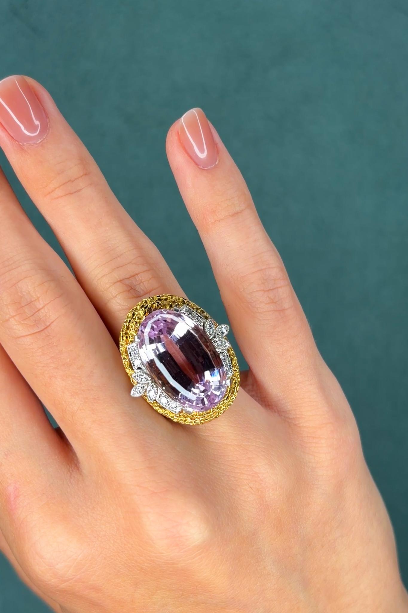 Vintage 25.4ct Kunzite and 0.25ct Diamond 18K Yellow Gold and Platinum Ring, circa 1960s