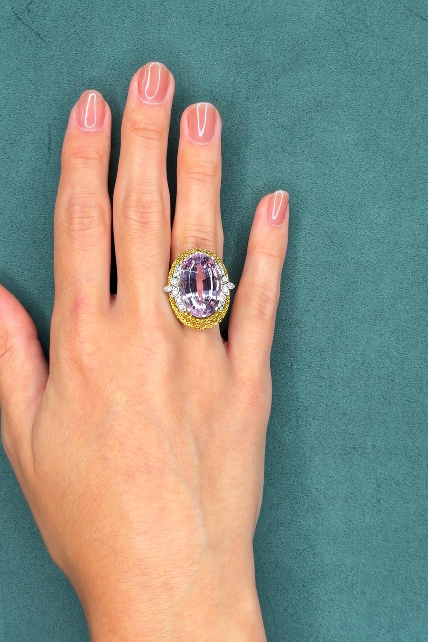 Vintage 25.4ct Kunzite and 0.25ct Diamond 18K Yellow Gold and Platinum Ring, circa 1960s