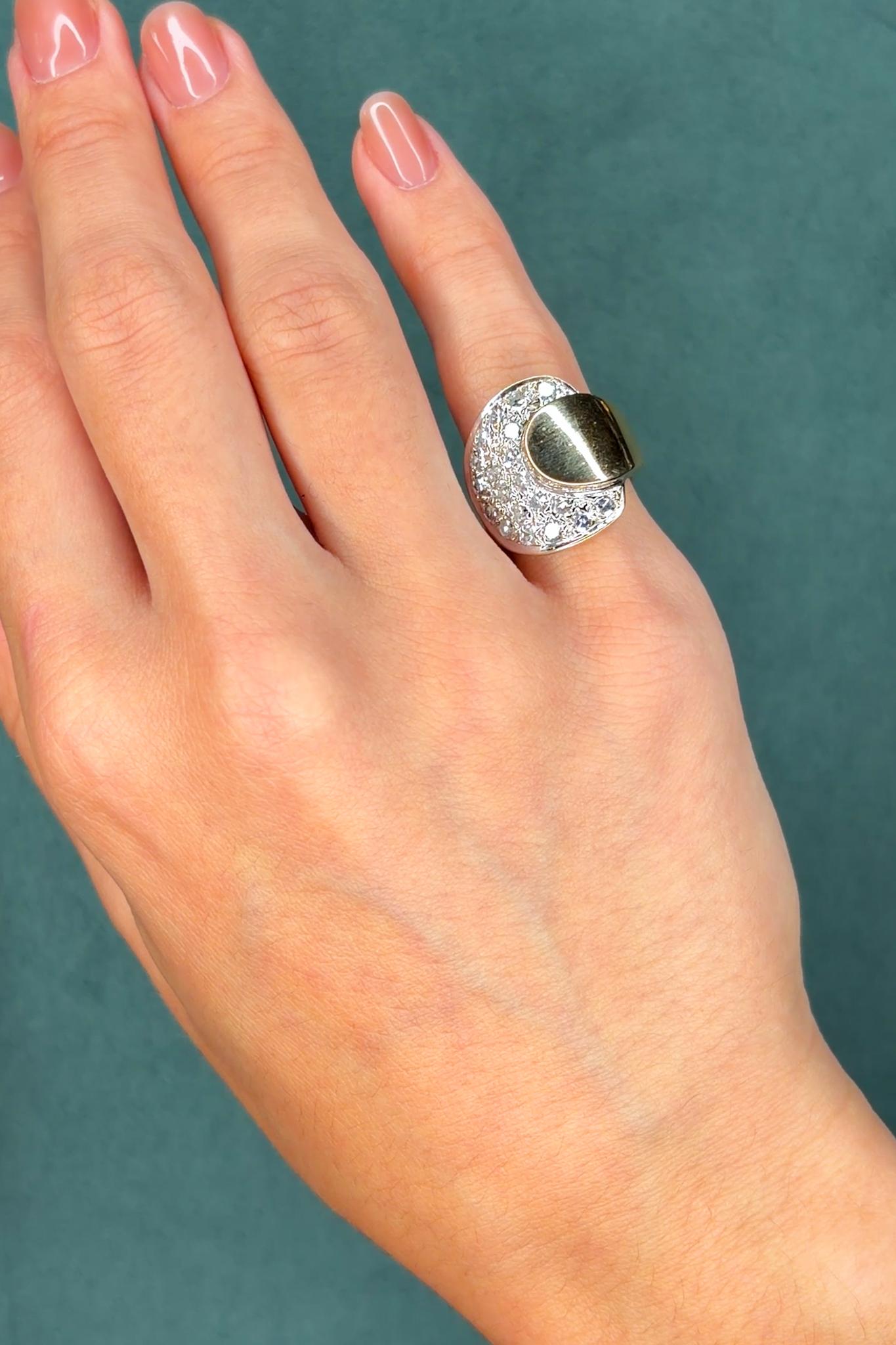 1940s Retro 1.6ct Diamond Pavé Dome Ring, Two-Tone 14K Gold Bombé Design
