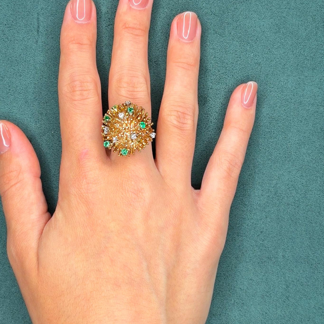 0.4ct Diamond and 0.5ct Emerald Starburst Ring, 14K Gold, Circa 1970s