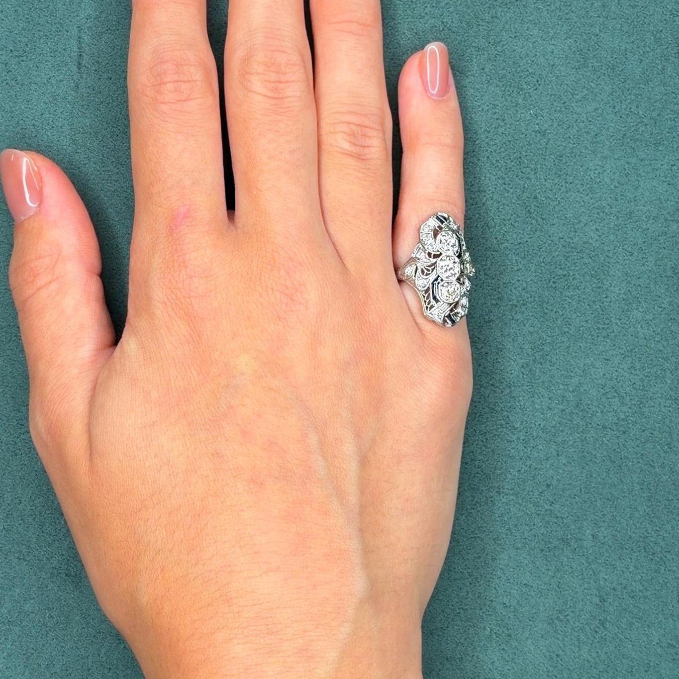 Art Deco 1.25ct Diamond Platinum Filigree Ring, Synthetic Sapphire Accents, Circa 1920s