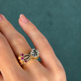 Retro 1940s Diamond and 0.25ct Ruby 14K Rose Gold Ring, 1.70ct Old European Cut Diamond