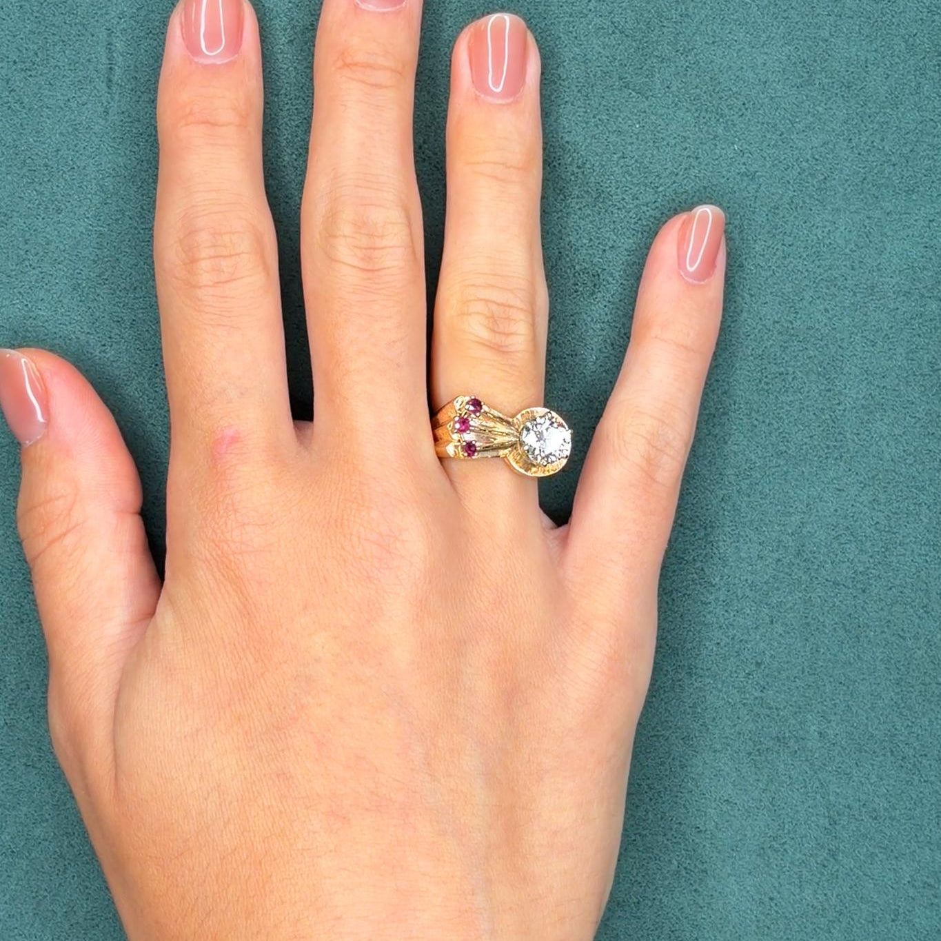 Retro 1940s Diamond and 0.25ct Ruby 14K Rose Gold Ring, 1.70ct Old European Cut Diamond