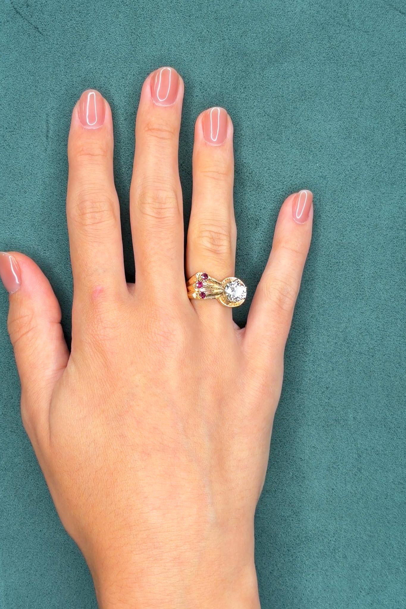 Retro 1940s Diamond and 0.25ct Ruby 14K Rose Gold Ring, 1.70ct Old European Cut Diamond