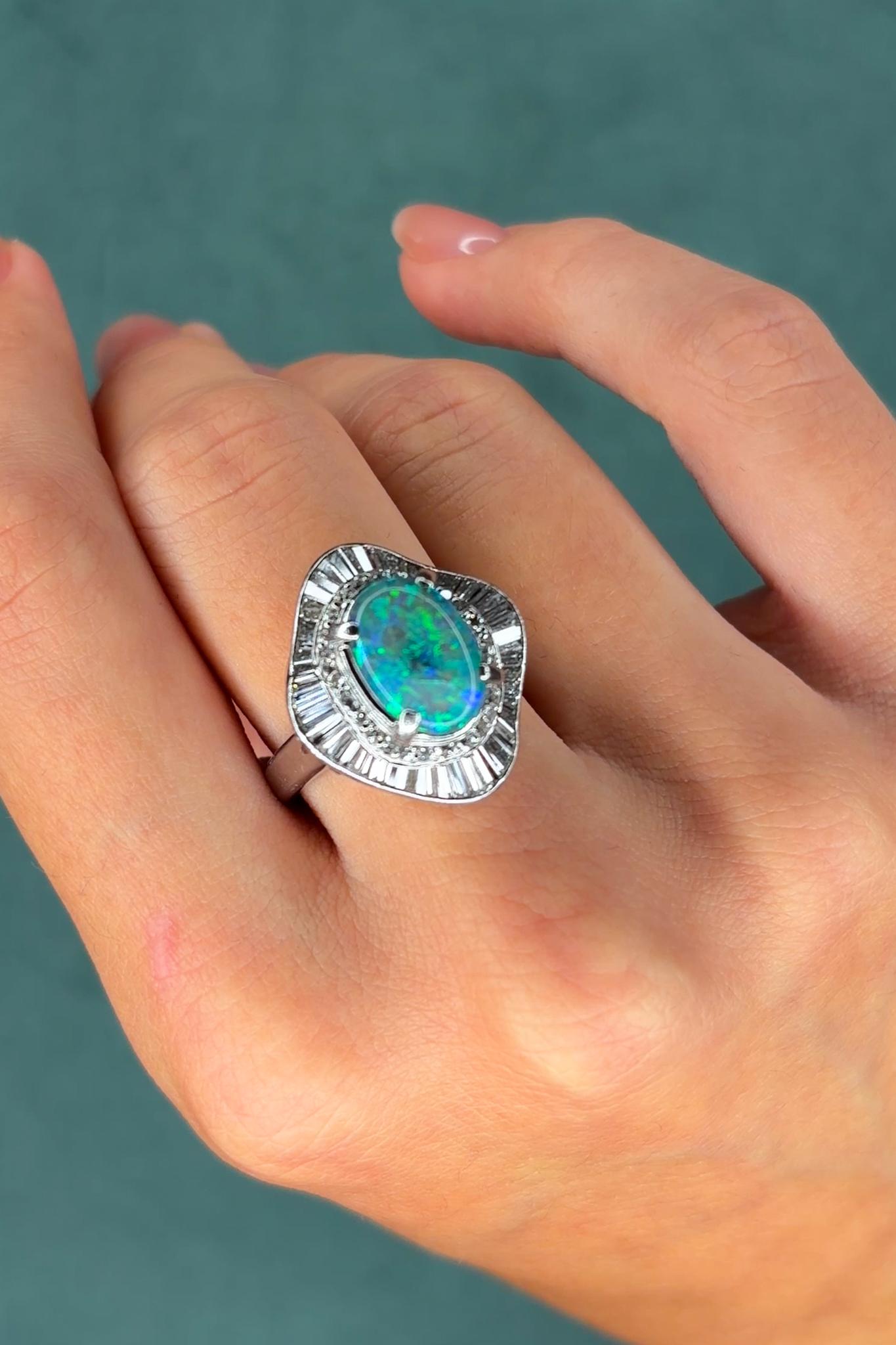 Mid-Century Platinum Black Opal and 2.5ct Diamond Ballerina Ring, 2.55 ct, Circa 1950s