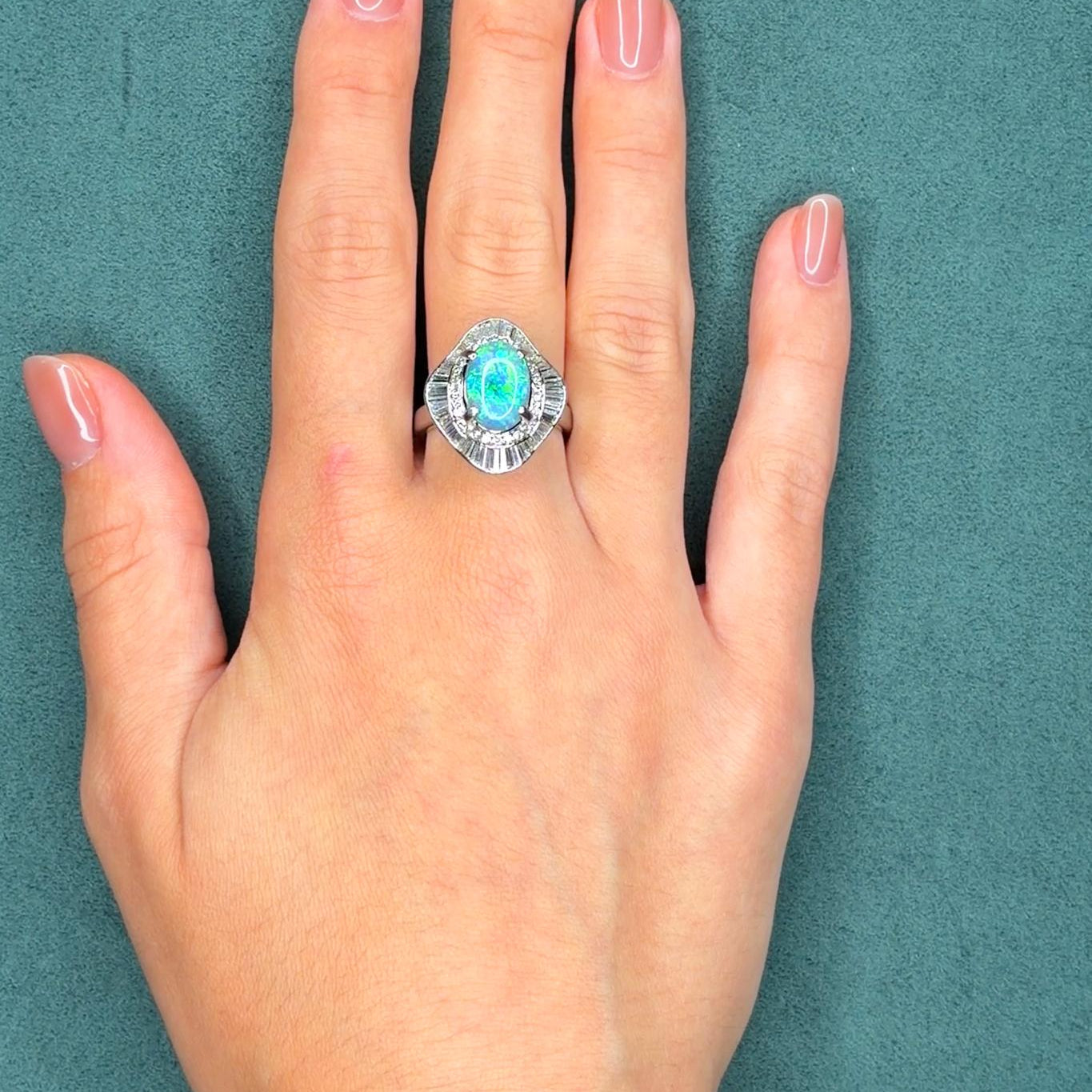 Mid-Century Platinum Black Opal and 2.5ct Diamond Ballerina Ring, 2.55 ct, Circa 1950s