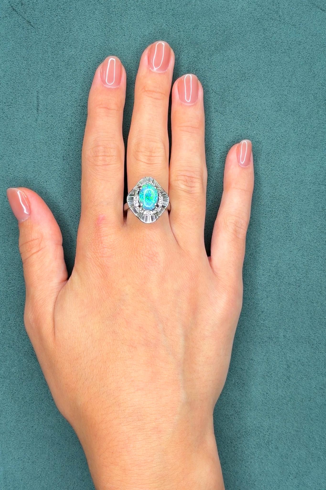 Mid-Century Platinum Black Opal and 2.5ct Diamond Ballerina Ring, 2.55 ct, Circa 1950s