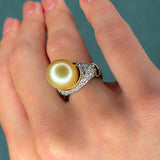 South Sea Golden Pearl and 1.5ct Diamond 18K Gold Ring, 13mm, Circa 1970s