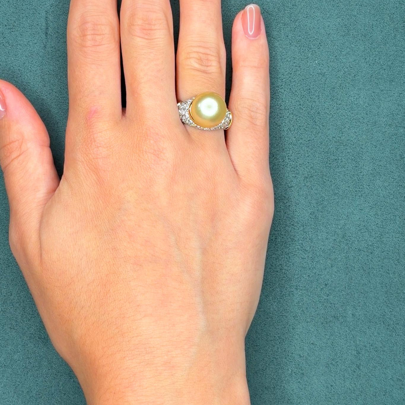 South Sea Golden Pearl and 1.5ct Diamond 18K Gold Ring, 13mm, Circa 1970s