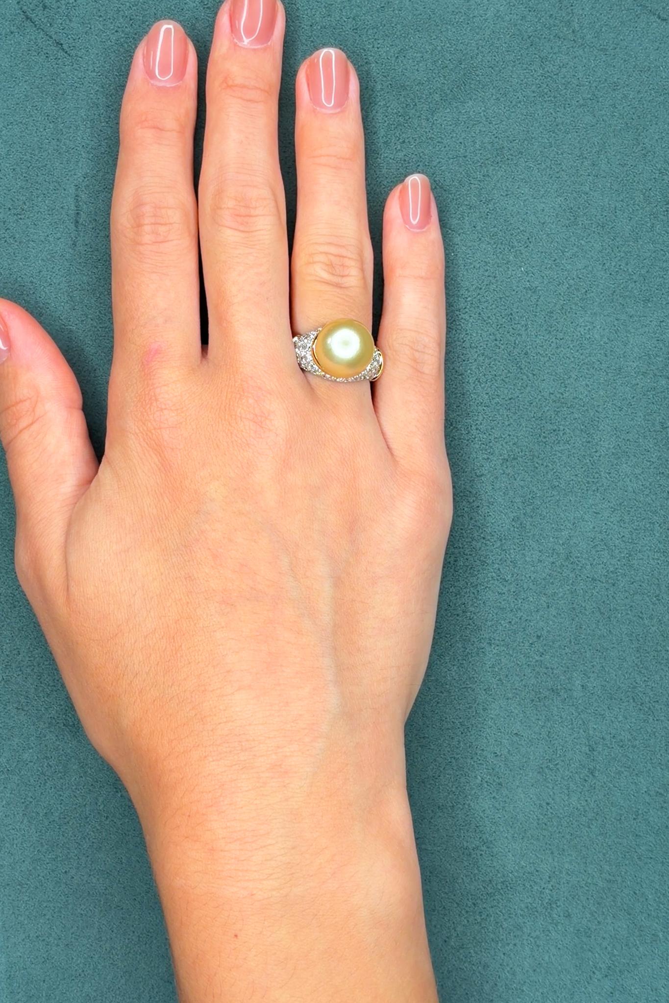 South Sea Golden Pearl and 1.5ct Diamond 18K Gold Ring, 13mm, Circa 1970s