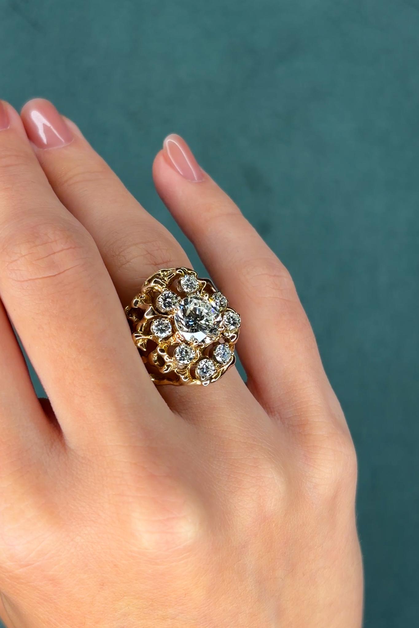 Diamond Cluster Ring in 14K Gold Nugget-Style Mount, 2.94ct Center Diamond, Circa 1960s