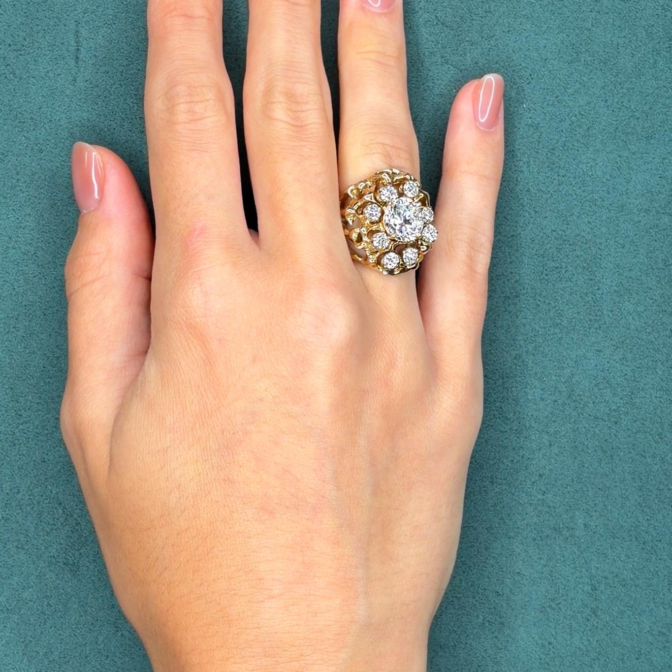 Diamond Cluster Ring in 14K Gold Nugget-Style Mount, 2.94ct Center Diamond, Circa 1960s