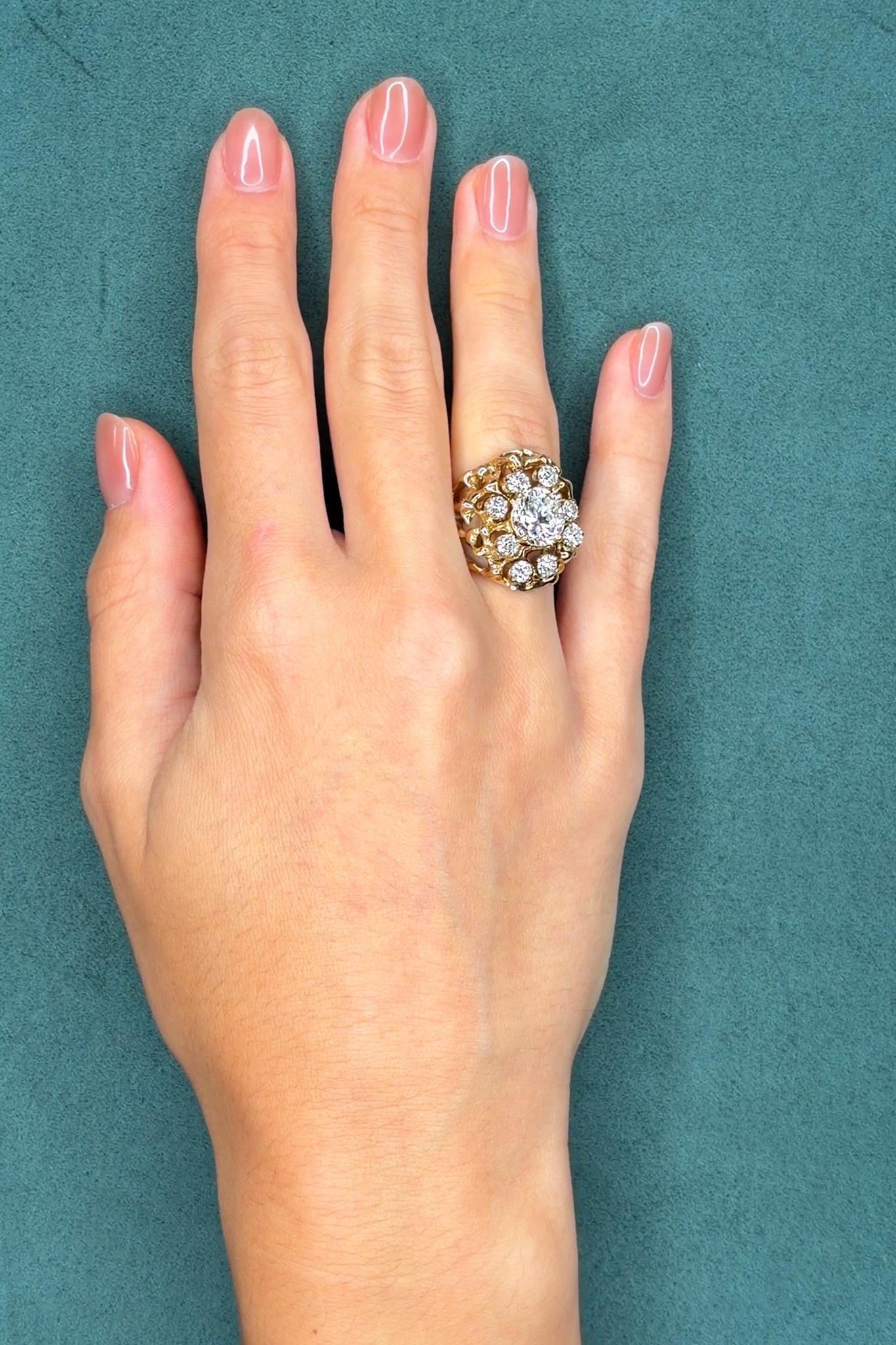 Diamond Cluster Ring in 14K Gold Nugget-Style Mount, 2.94ct Center Diamond, Circa 1960s