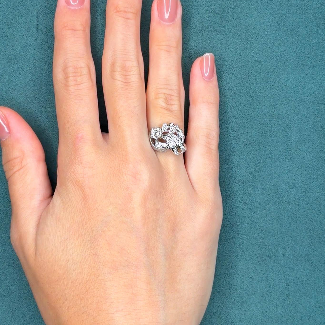 Mid-Century 0.55ct Diamond Cluster 14K White Gold Ring, Old European Cut, 1950s