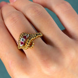 Retro 1970s 0.2ct Diamond and 0.18ct Ruby 18K Yellow Gold Ring, Ribbed Rope Design