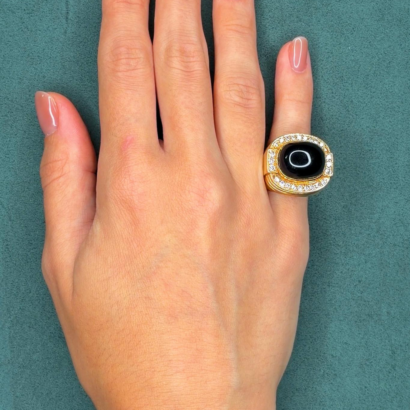 1970s Black Onyx & Diamond Dome Ring in 14K and 18K Yellow Gold, Tiered Design