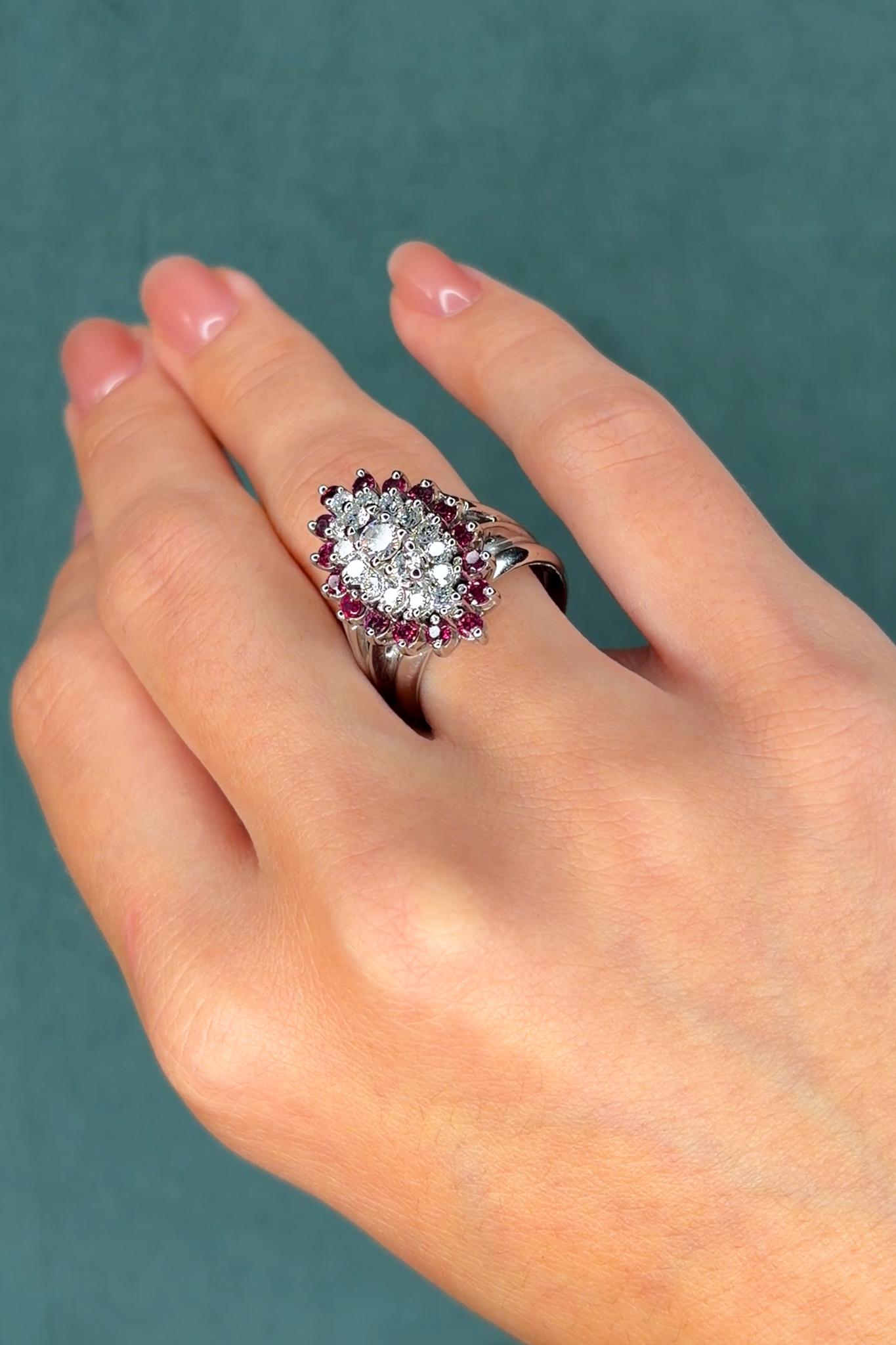 0.94ct Diamond and 0.64ct Ruby Cluster Ring, 14K White Gold, Circa 1960s