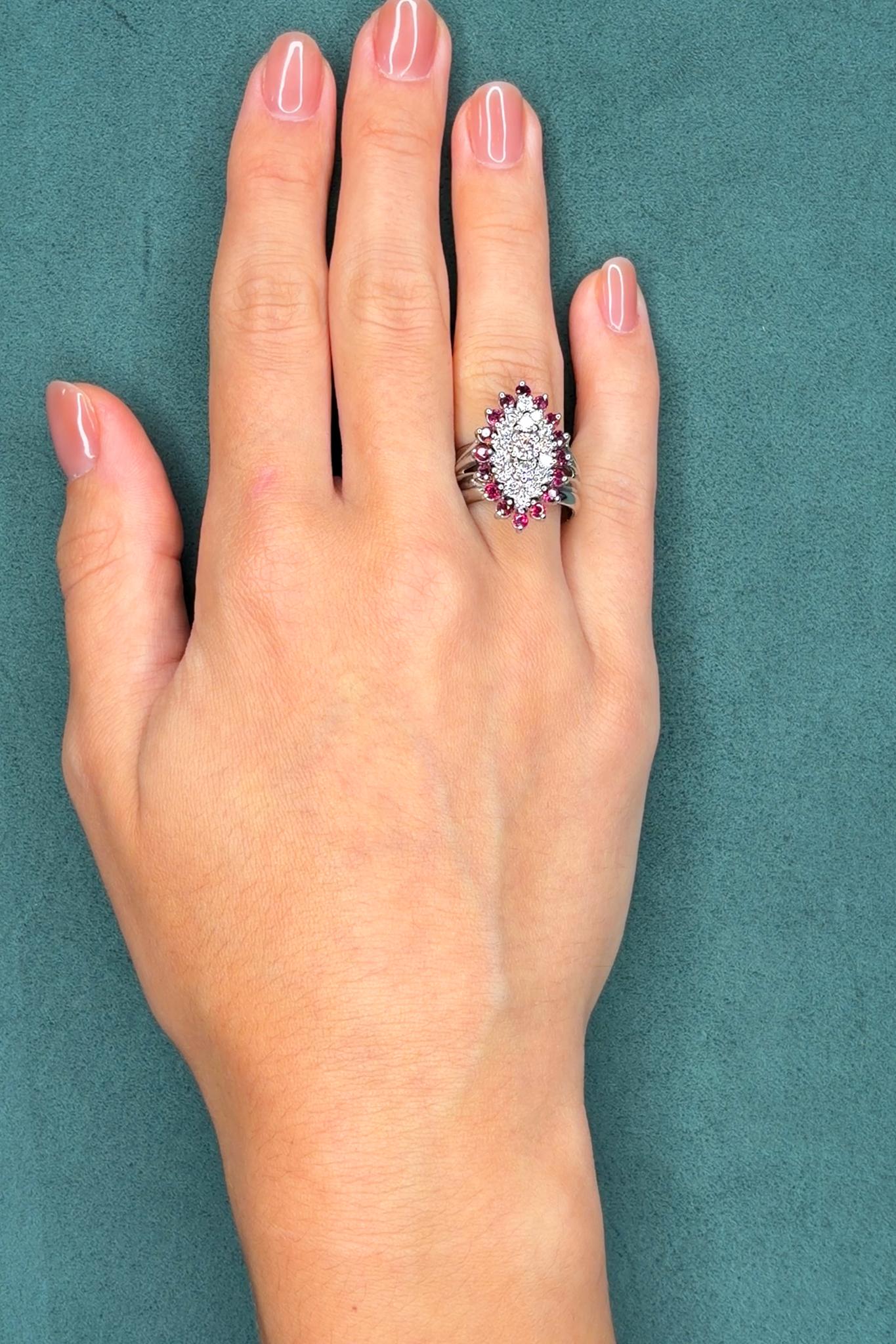 0.94ct Diamond and 0.64ct Ruby Cluster Ring, 14K White Gold, Circa 1960s