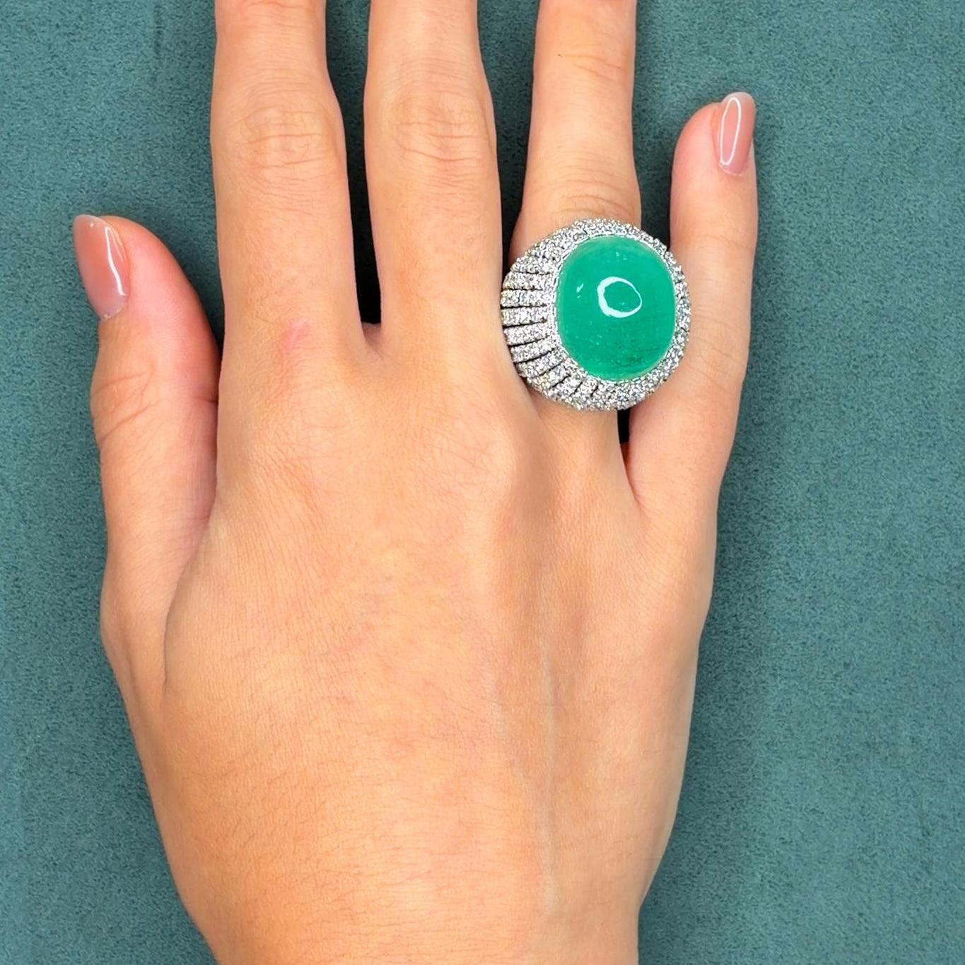 Mid-Century Cabochon 30.0ct Emerald and 3.78ct Diamond Bombé Ring in 14K White Gold, Circa 1950s
