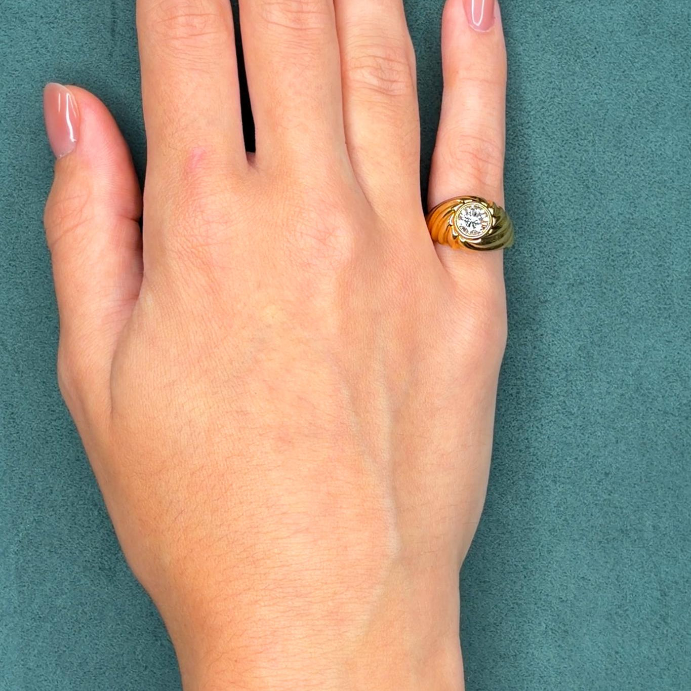 1.1ct Diamond Solitaire Ring in 18K Yellow Gold, Ribbed Bezel Setting, Circa 1980s