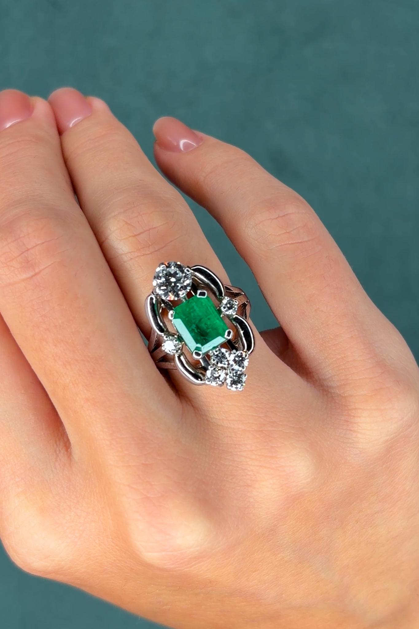 Russian-Origin 2.5ct Emerald and 1.0ct Diamond Ring in 14K White Gold, GIA, Circa 1950s