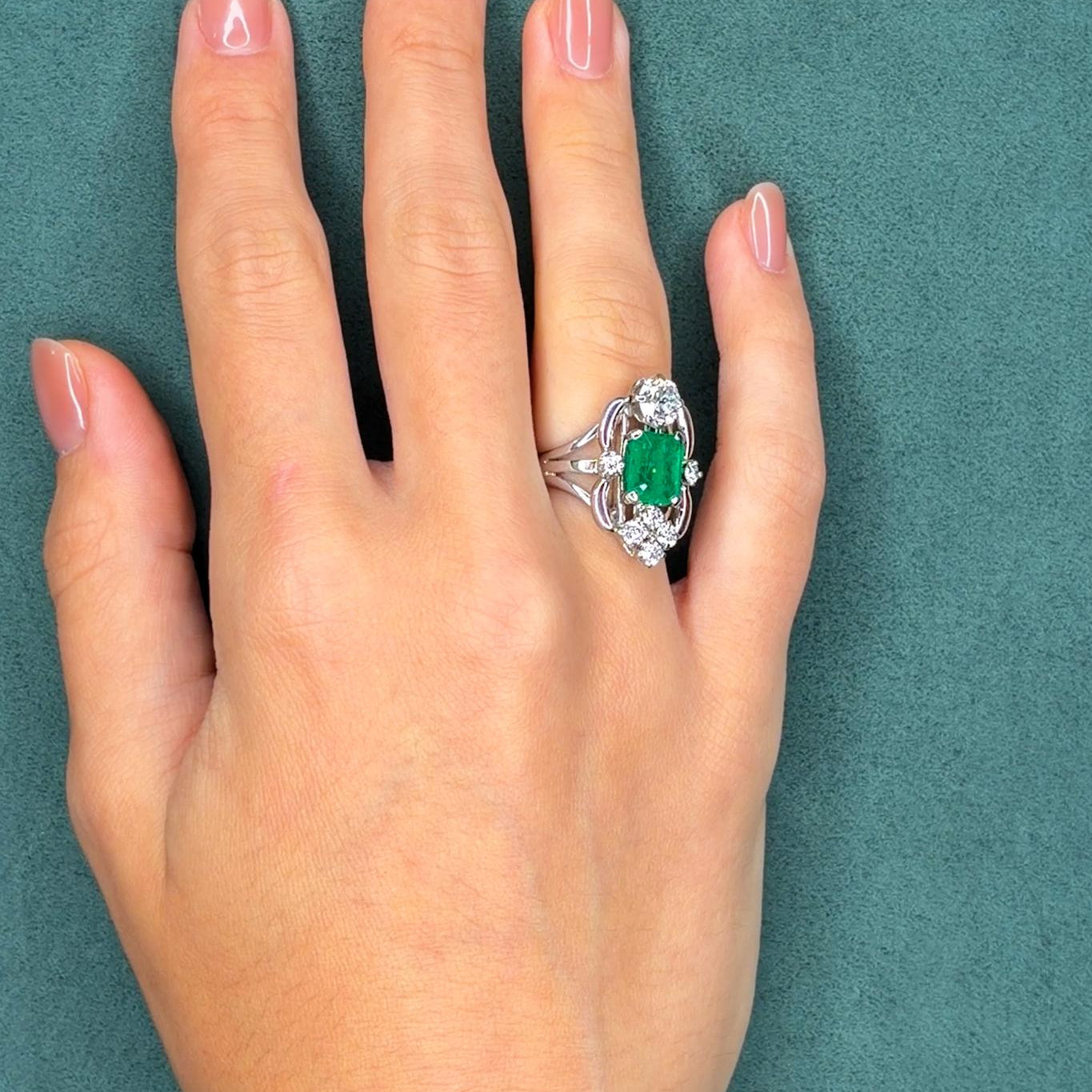Russian-Origin 2.5ct Emerald and 1.0ct Diamond Ring in 14K White Gold, GIA, Circa 1950s