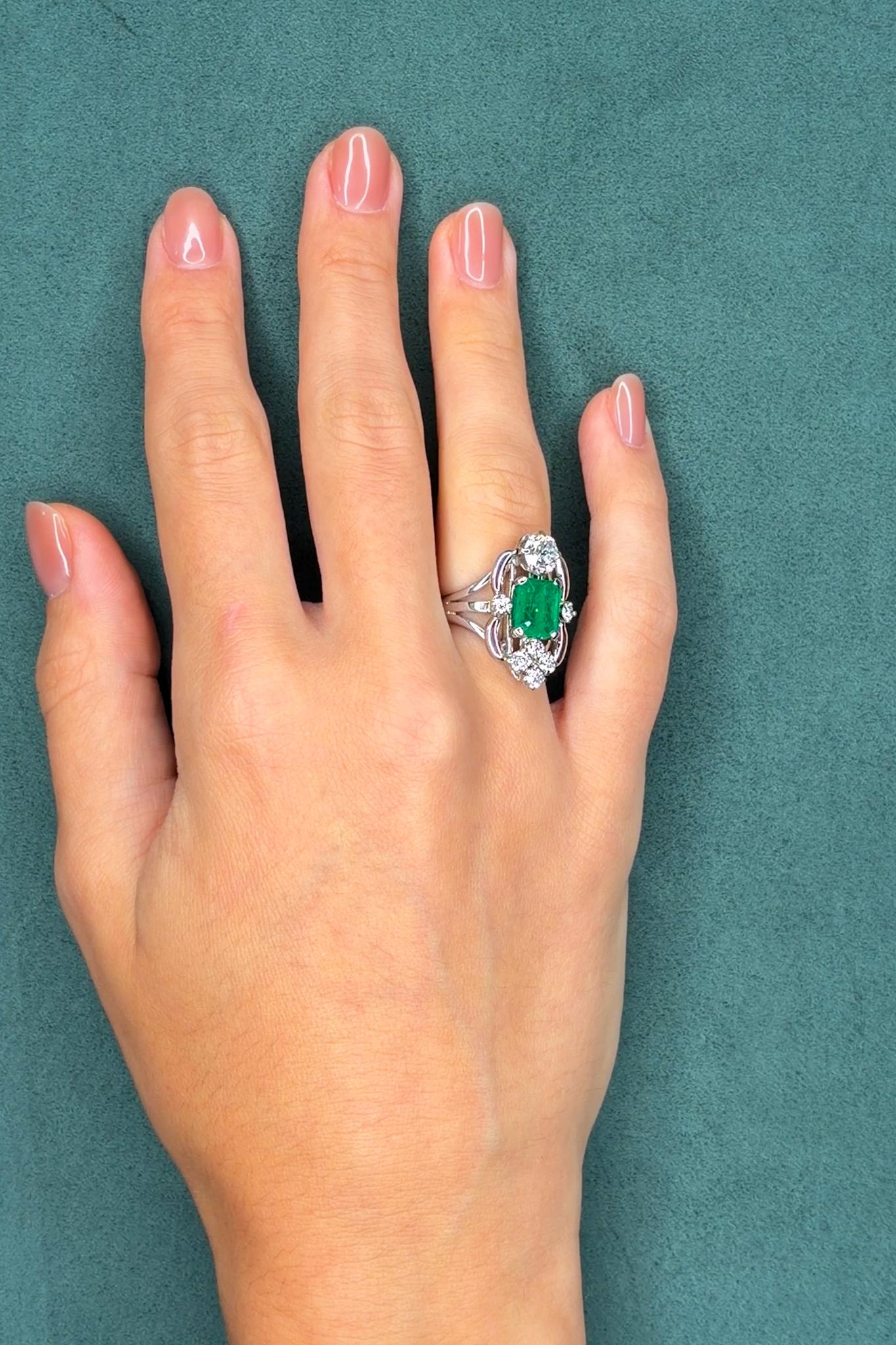 Russian-Origin 2.5ct Emerald and 1.0ct Diamond Ring in 14K White Gold, GIA, Circa 1950s