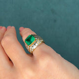 18K Gold Ring with 4.50ct AGL Colombian Emerald and 3.6ct Diamond Halo, Circa 1970s
