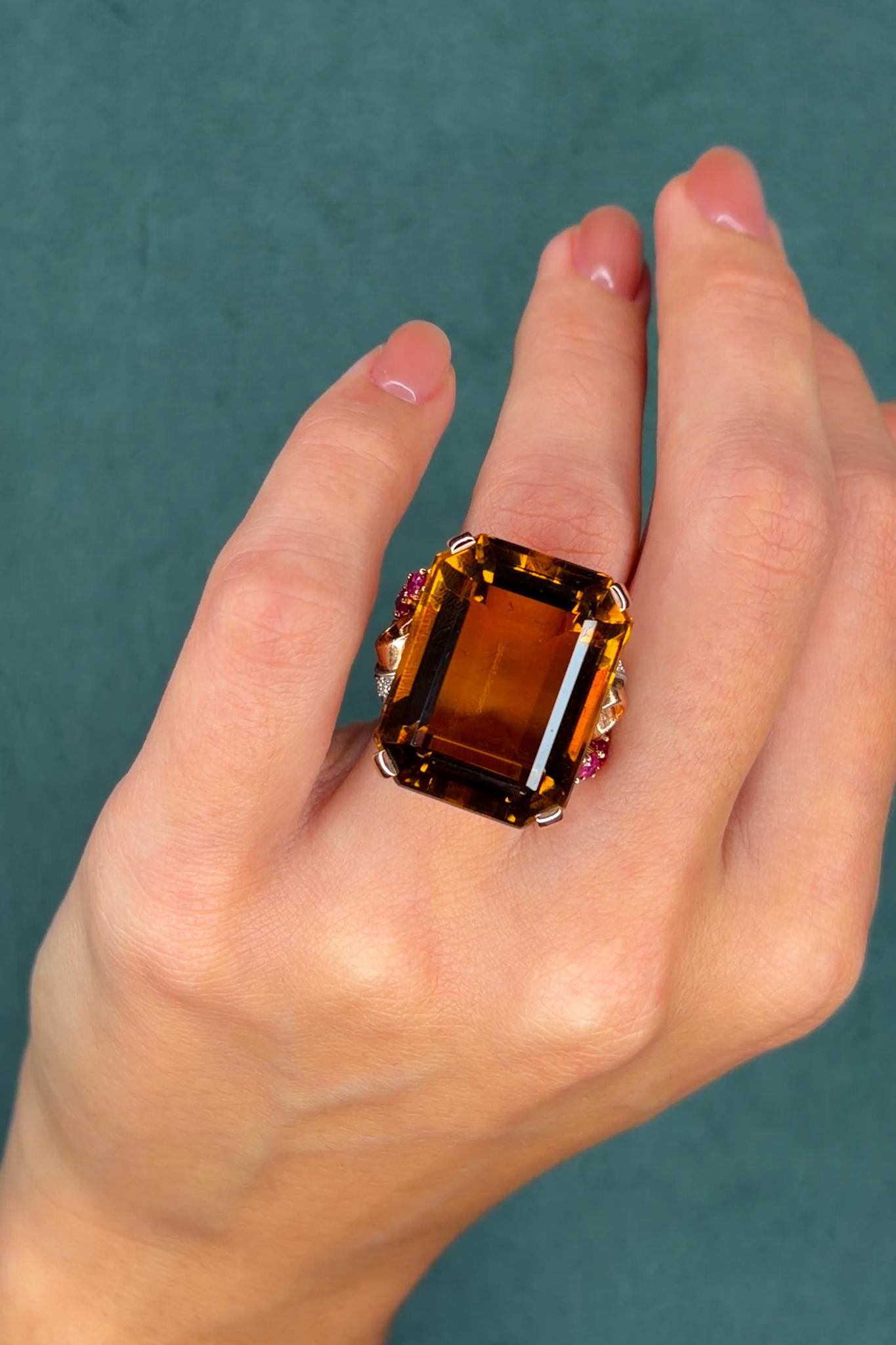 Retro 78.0ct Citrine Cocktail Ring with 0.25ct Ruby and Diamonds in 14K Gold, Circa 1940s