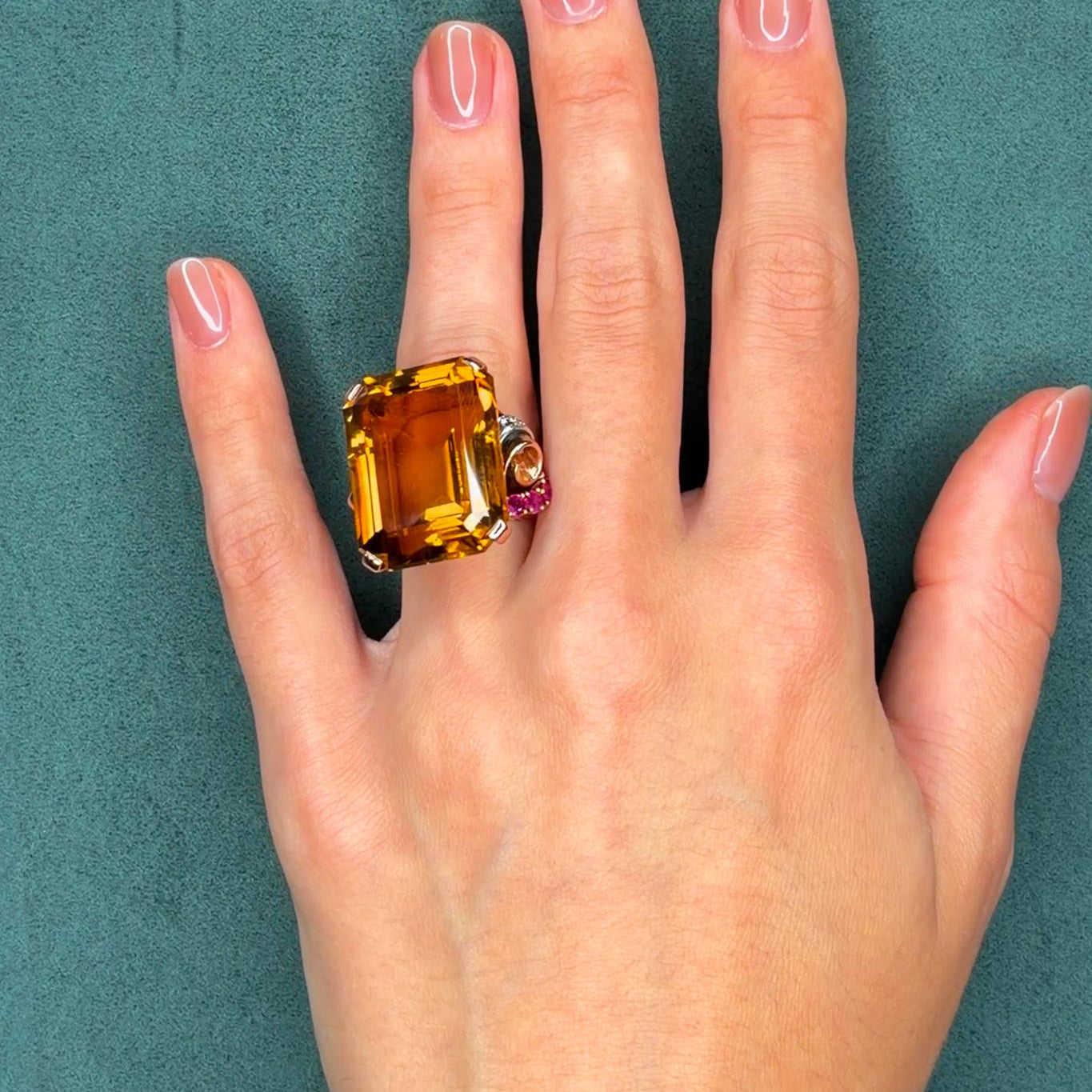 Retro 78.0ct Citrine Cocktail Ring with 0.25ct Ruby and Diamonds in 14K Gold, Circa 1940s