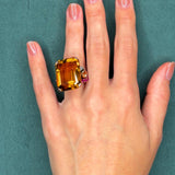 Retro 78.0ct Citrine Cocktail Ring with 0.25ct Ruby and Diamonds in 14K Gold, Circa 1940s