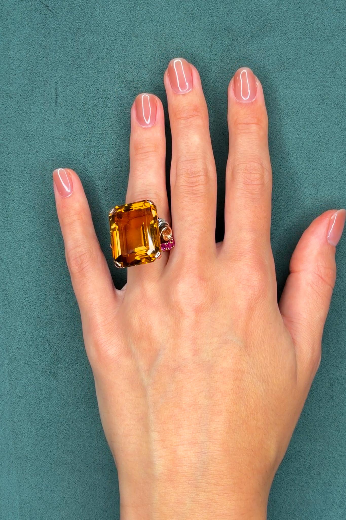 Retro 78.0ct Citrine Cocktail Ring with 0.25ct Ruby and Diamonds in 14K Gold, Circa 1940s
