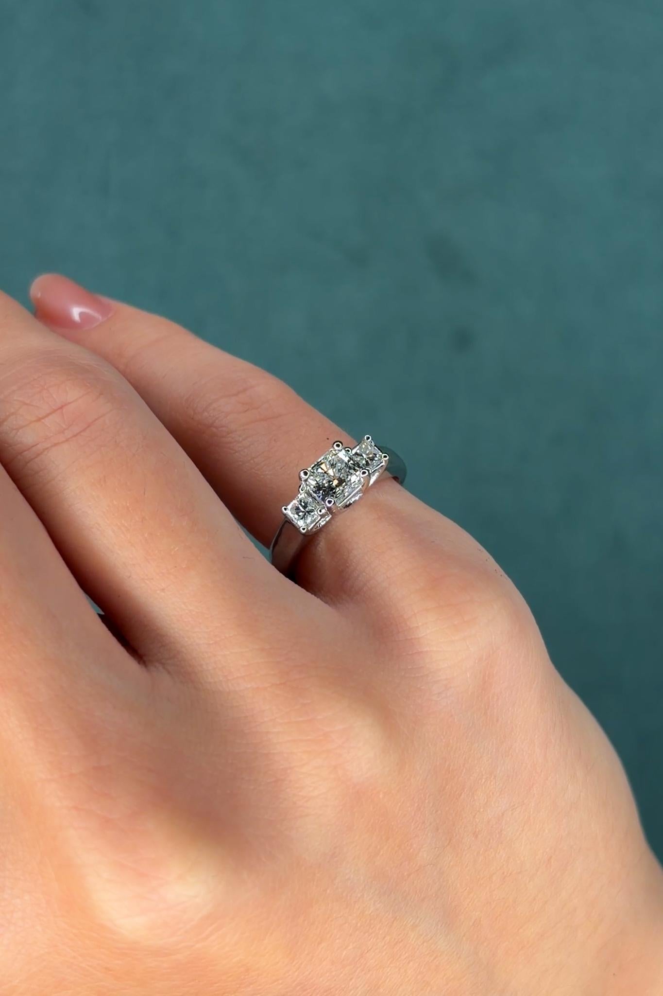 Three-Stone Radiant Cut Diamond Engagement Ring, Platinum, 1.21 ct