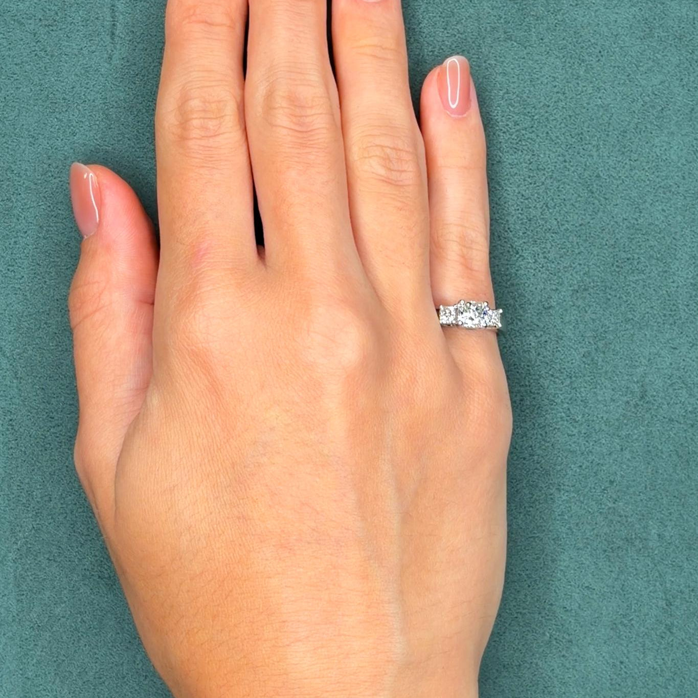 Three-Stone Radiant Cut Diamond Engagement Ring, Platinum, 1.21 ct