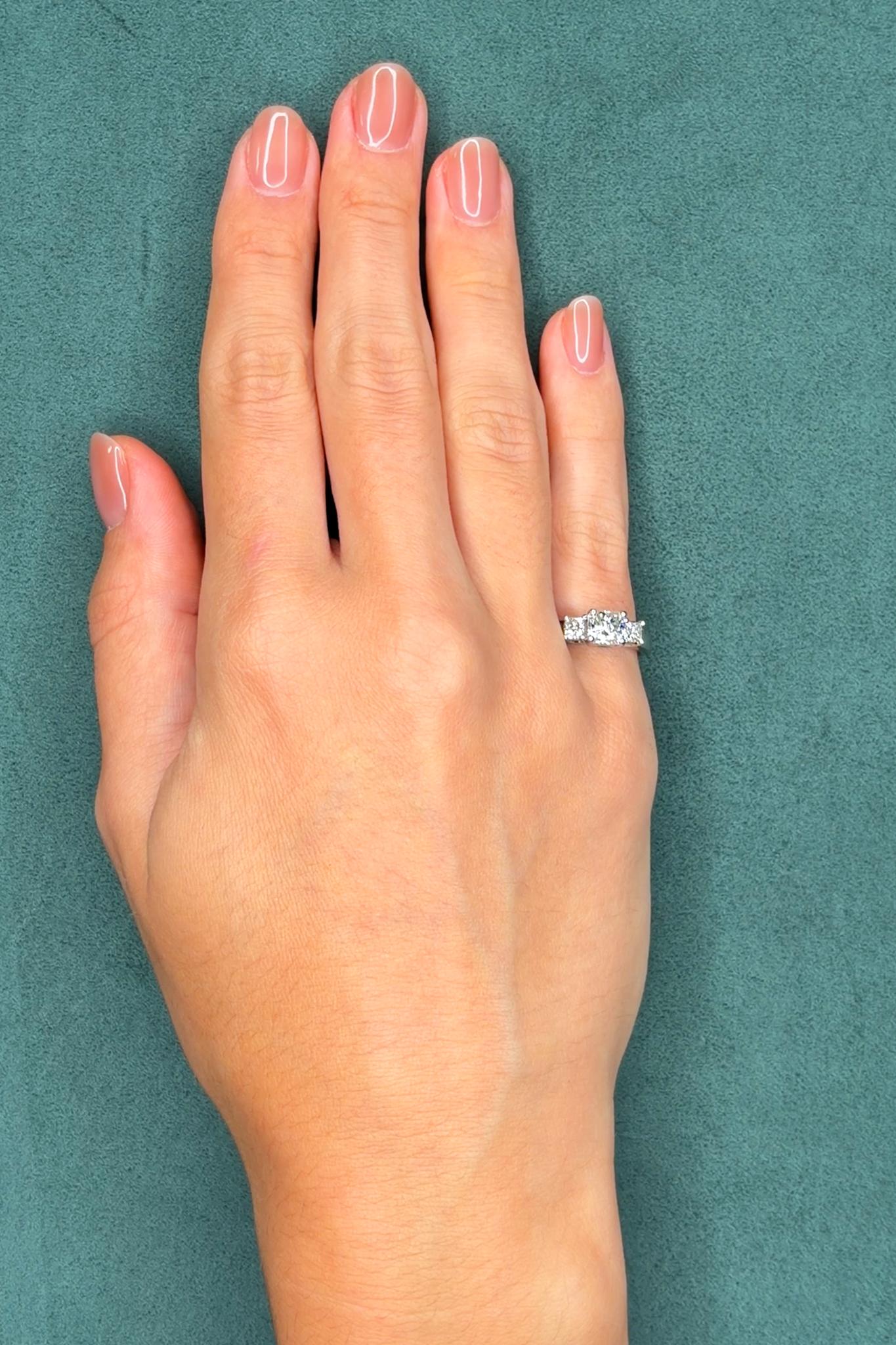 Three-Stone Radiant Cut Diamond Engagement Ring, Platinum, 1.21 ct