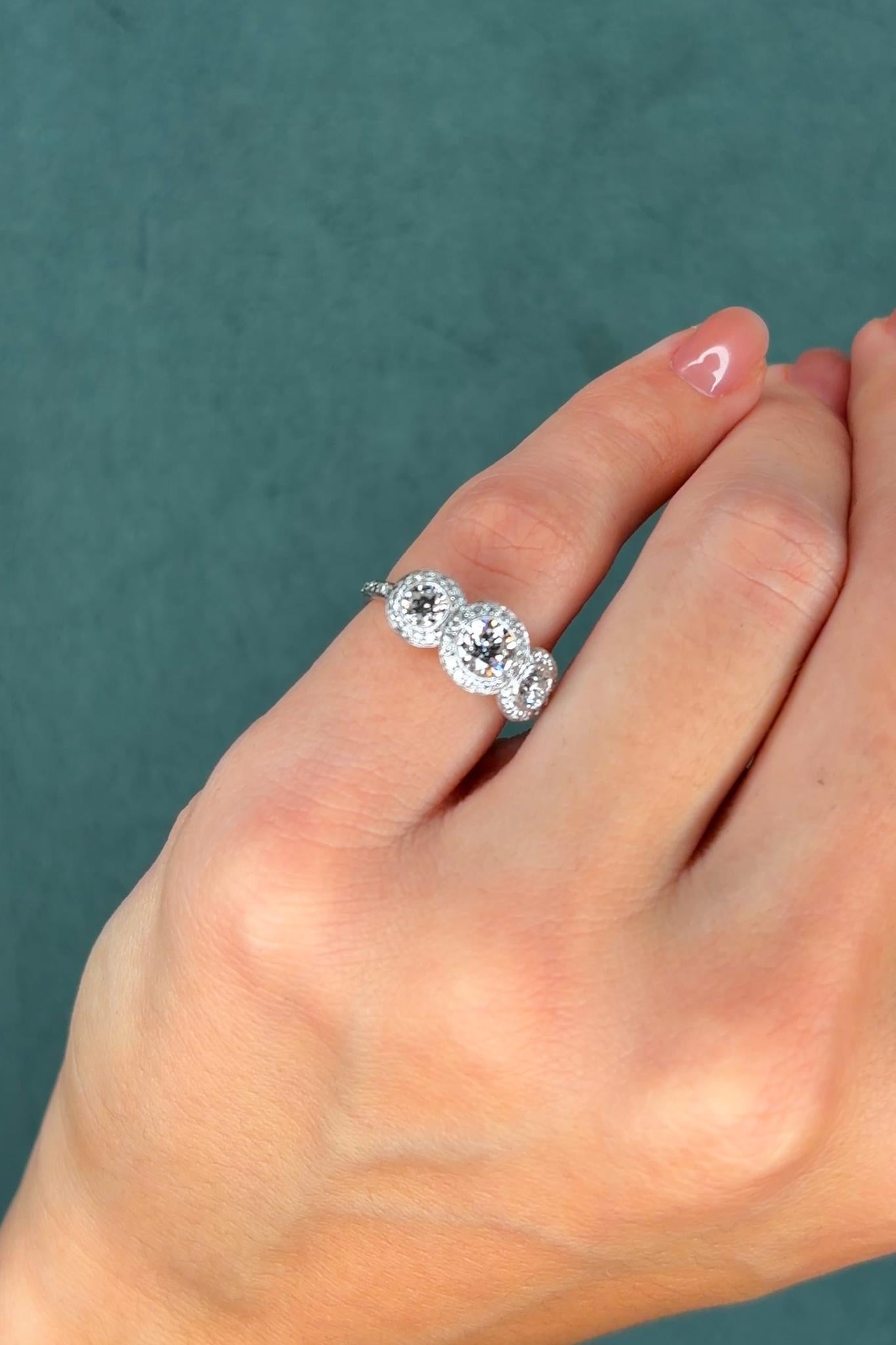 Three-Stone Diamond Halo Ring, 0.65 ct Center, 18K White Gold