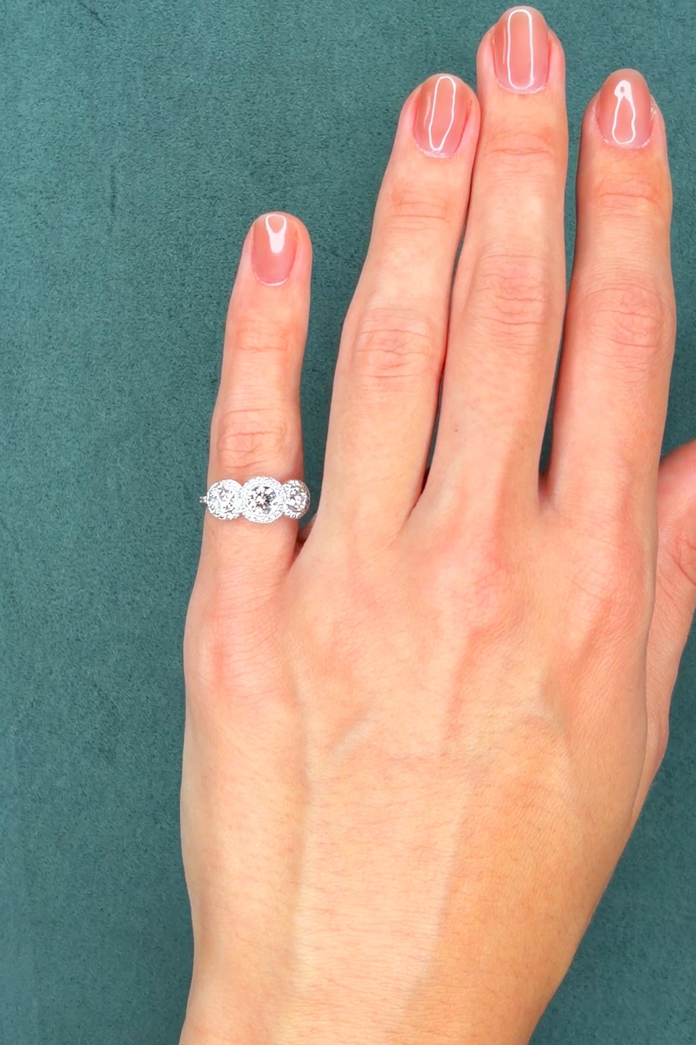 Three-Stone Diamond Halo Ring, 0.65 ct Center, 18K White Gold