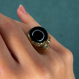 Black Onyx and 0.75ct Diamond 18K Yellow Gold Ring, Crown Motif, Circa 1970s