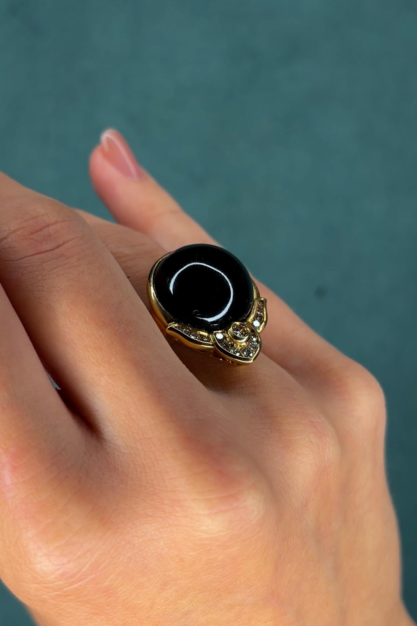 Black Onyx and 0.75ct Diamond 18K Yellow Gold Ring, Crown Motif, Circa 1970s