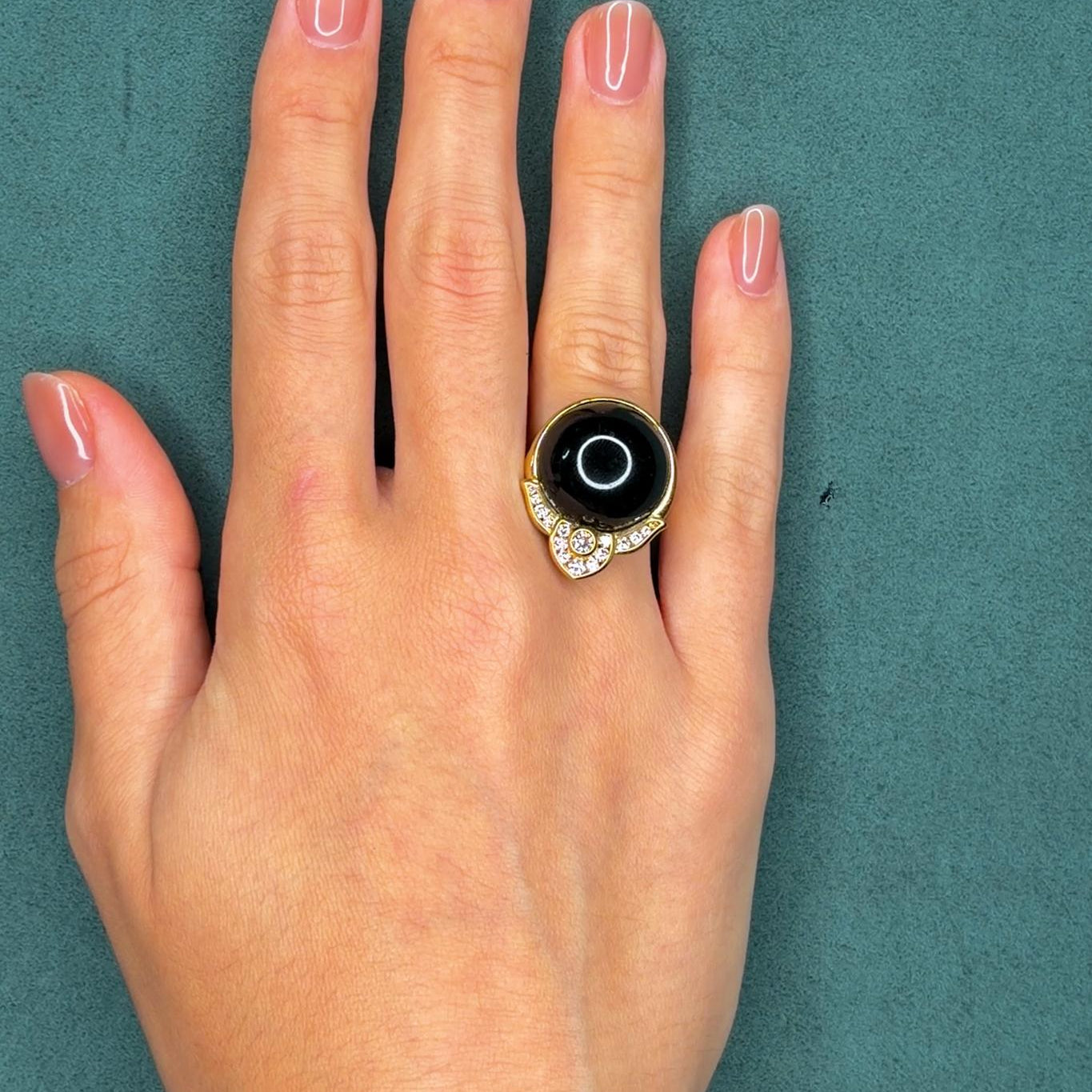 Black Onyx and 0.75ct Diamond 18K Yellow Gold Ring, Crown Motif, Circa 1970s