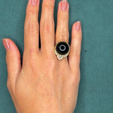 Black Onyx and 0.75ct Diamond 18K Yellow Gold Ring, Crown Motif, Circa 1970s