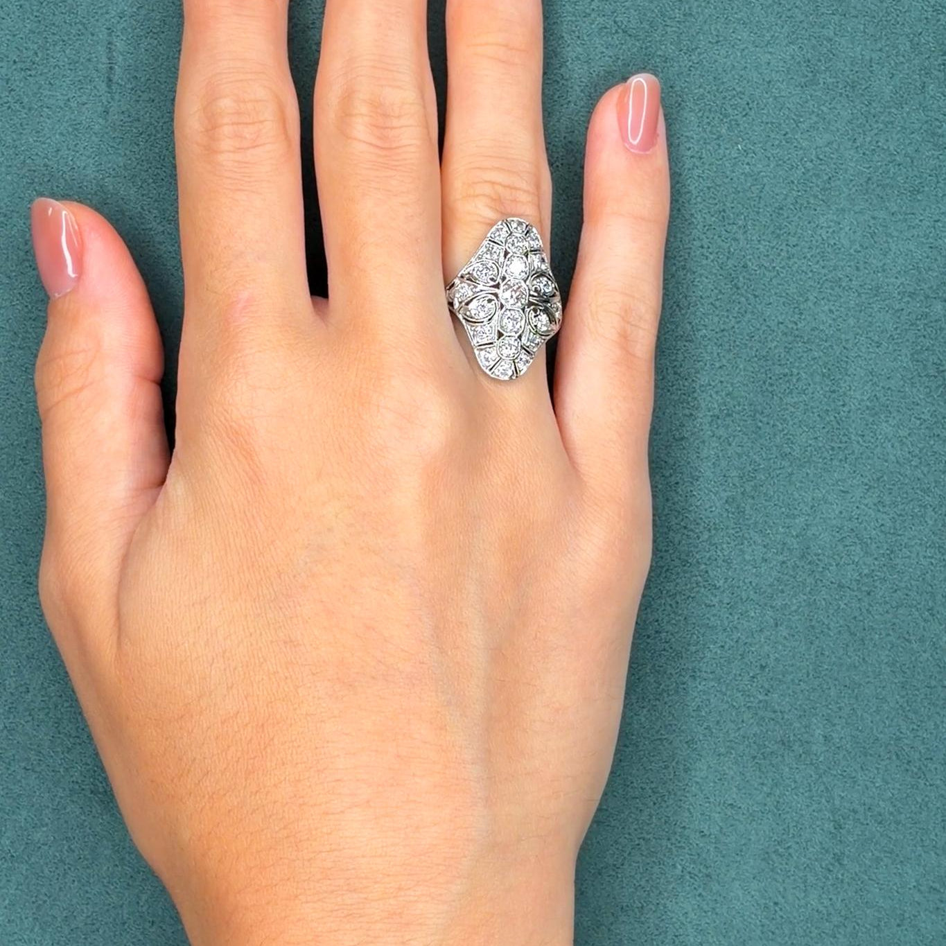 Art Deco Diamond Filigree Platinum Ring, 0.8ct, Handmade, 1920s