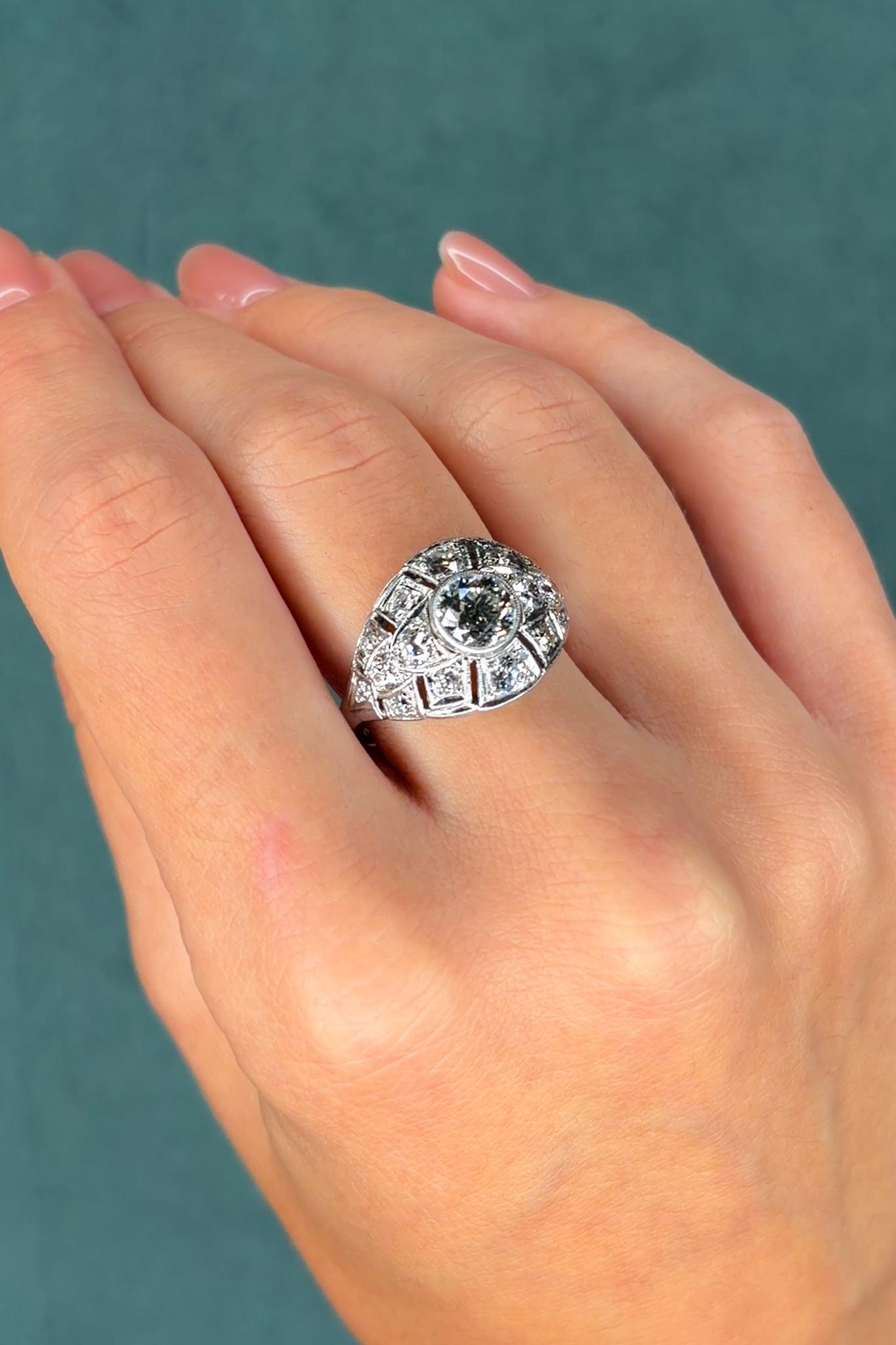 Art Deco 1.19ct Diamond Bombe Ring in Platinum, Old European Cut, Circa 1920s