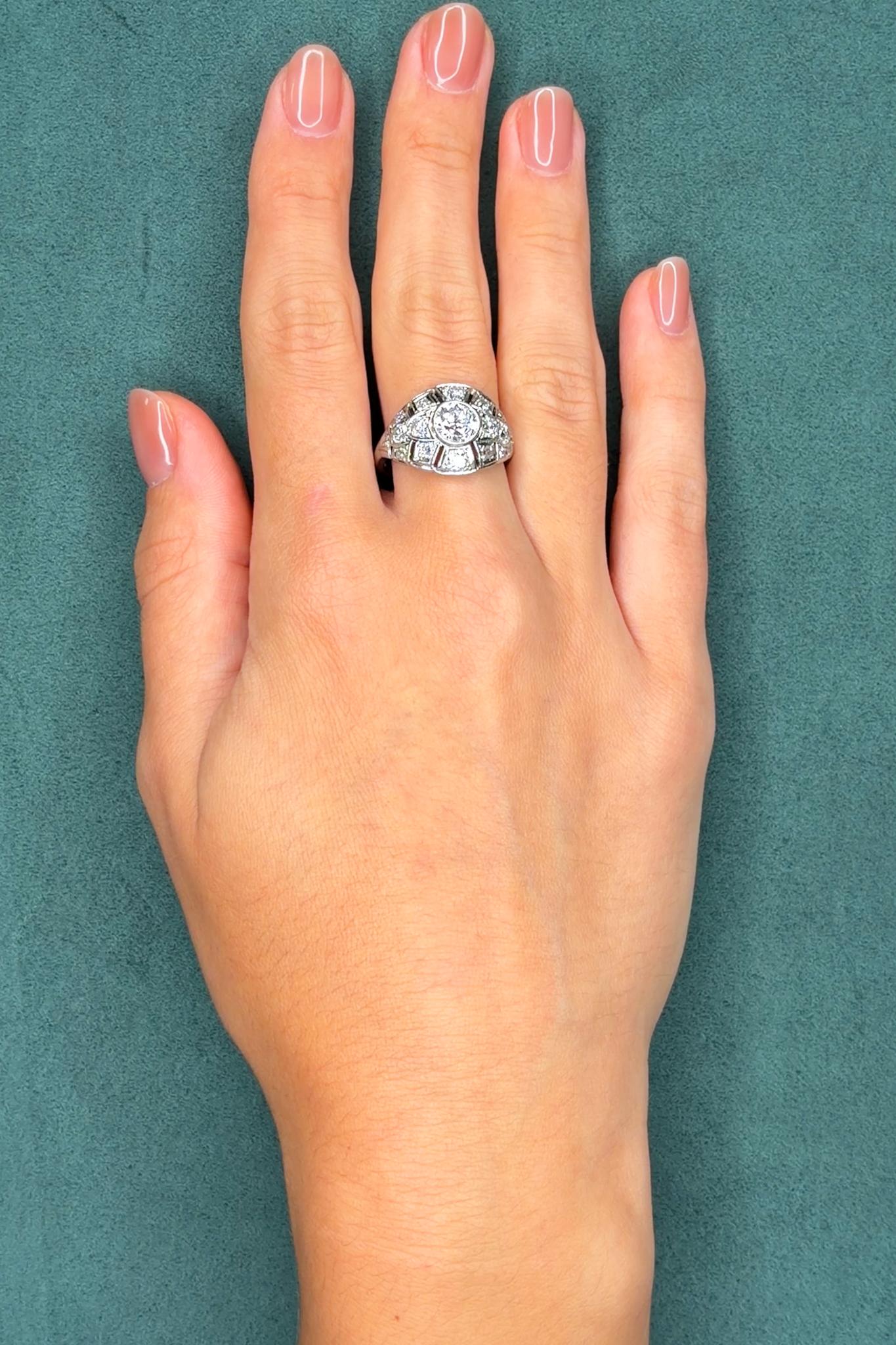 Art Deco 1.19ct Diamond Bombe Ring in Platinum, Old European Cut, Circa 1920s