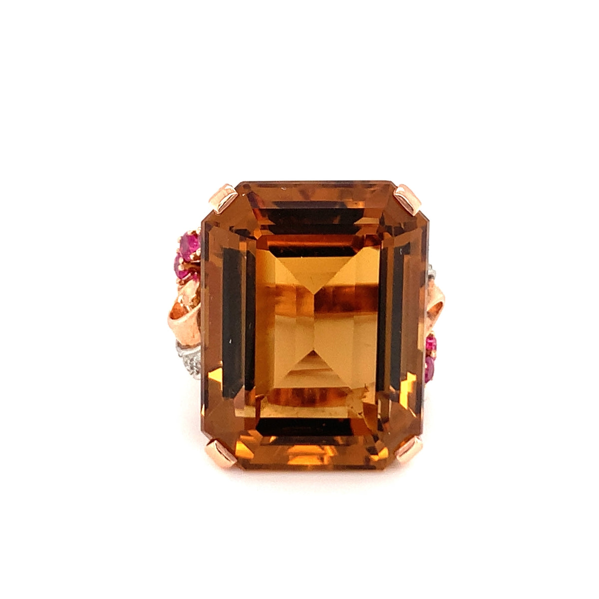Retro Citrine, Ruby and Diamond 18K Rose Gold Ring, circa 1940s