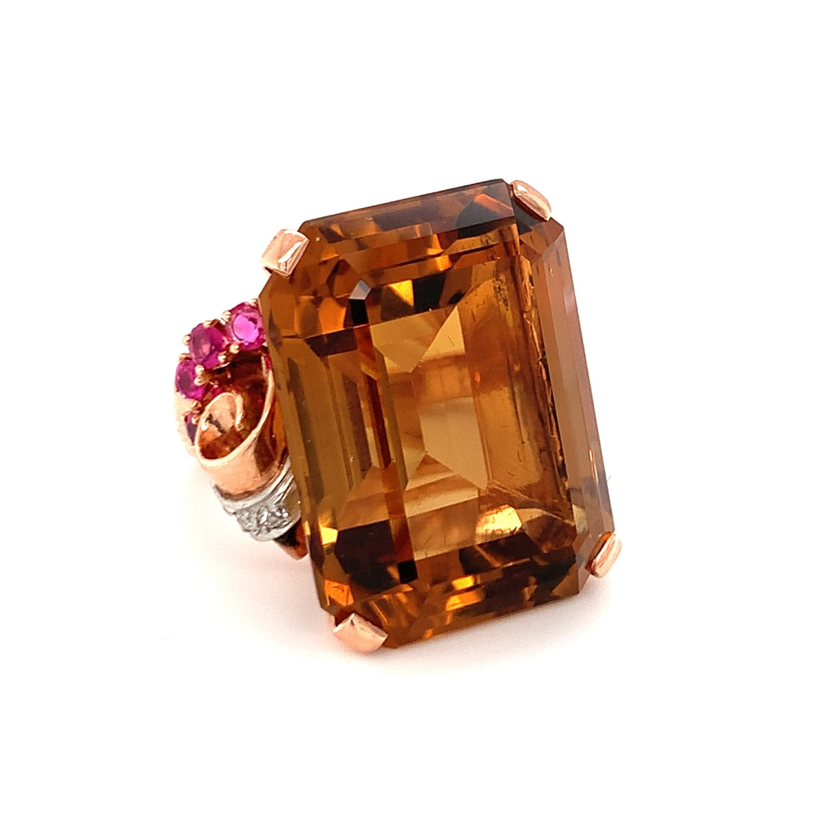 Retro Citrine, Ruby and Diamond 18K Rose Gold Ring, circa 1940s