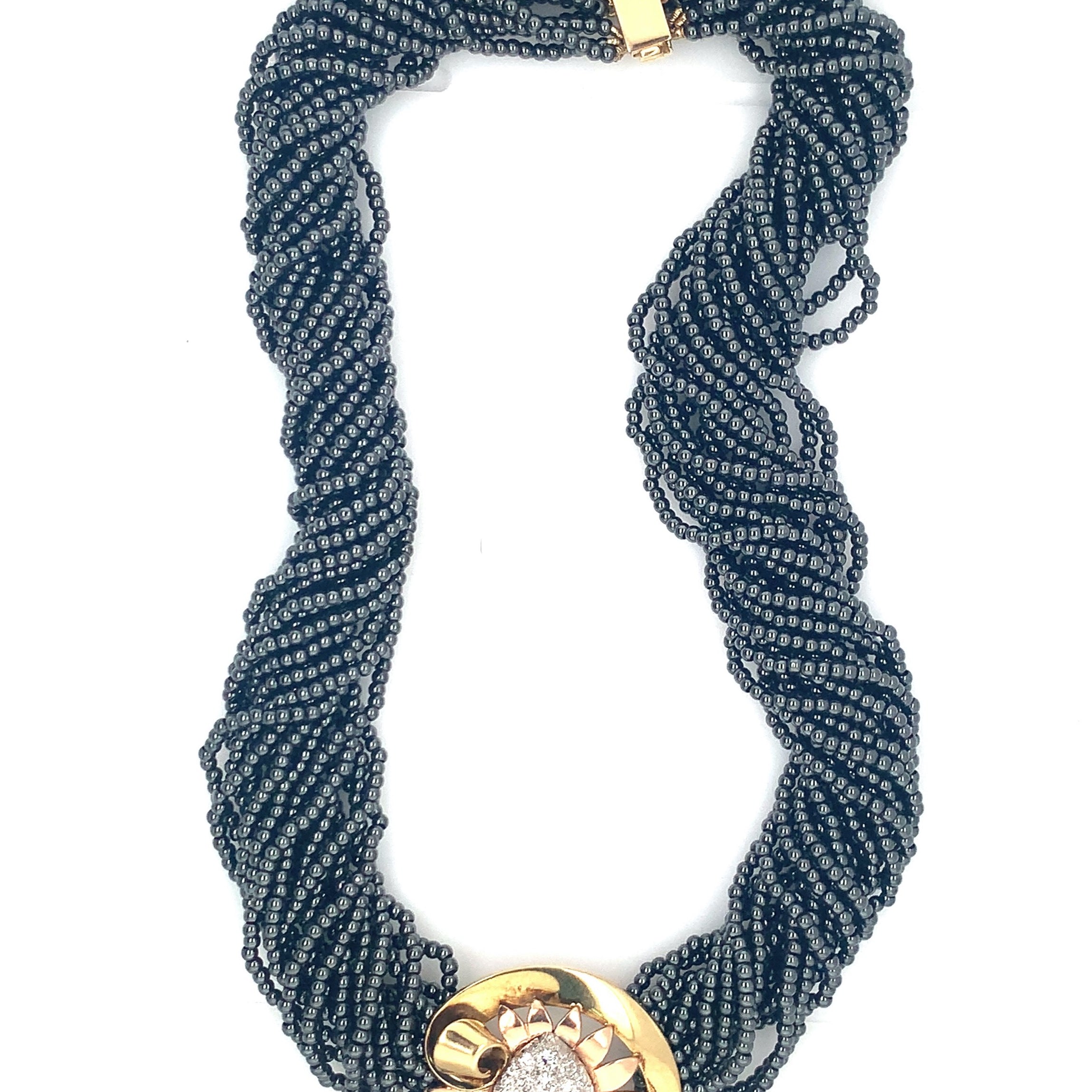 Retro Diamond and Hematite Platinum and 14k Gold Necklace, circa 1940s