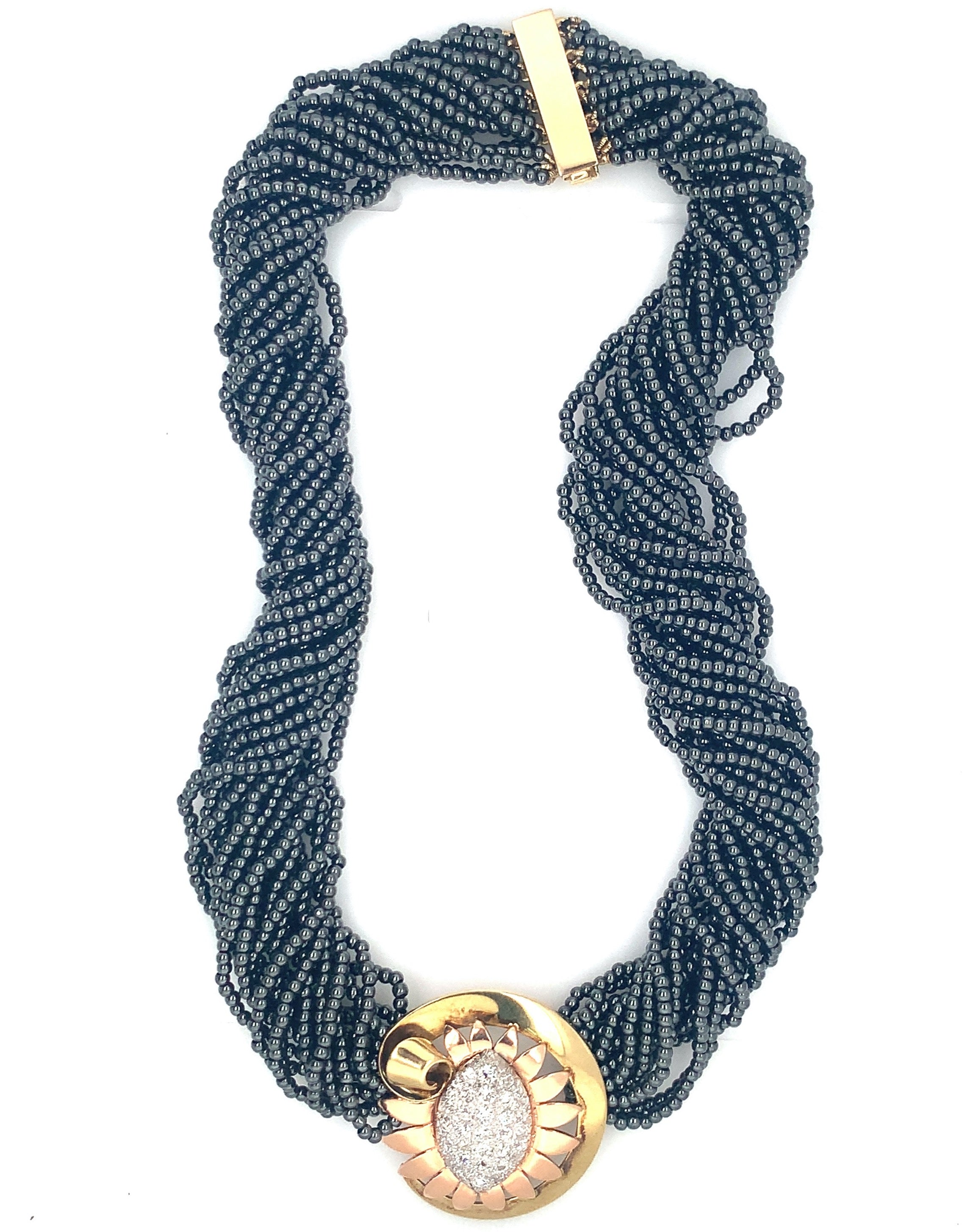 Retro Diamond and Hematite Platinum and 14k Gold Necklace, circa 1940s