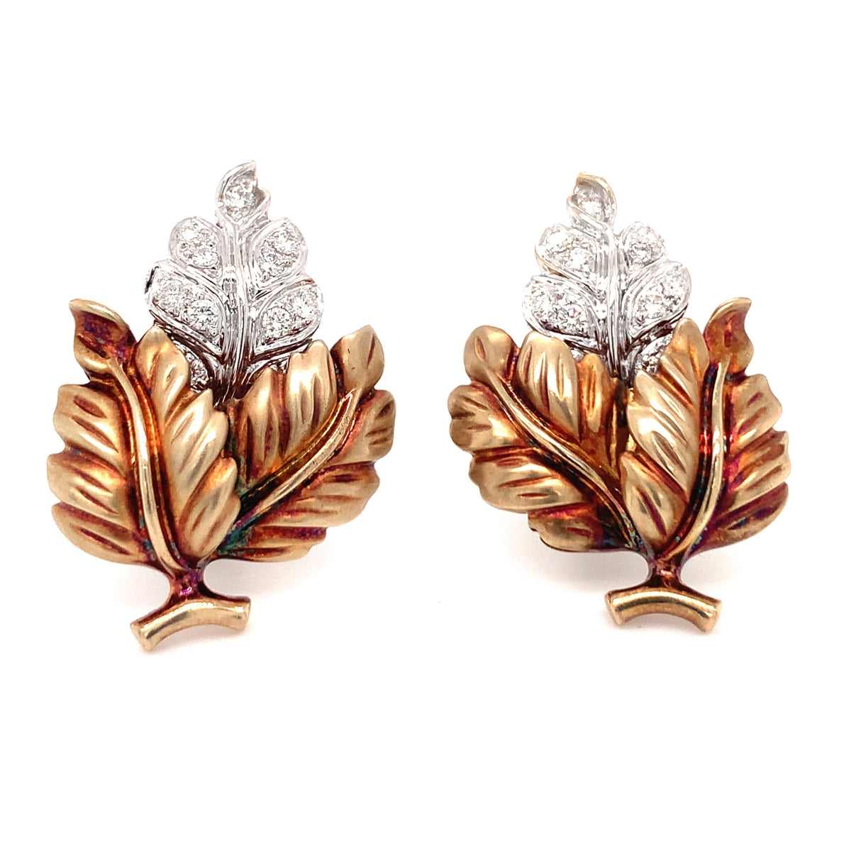 Retro Leaf Motif Diamond 18k Rose and Yellow Gold Earrings, circa 1940s