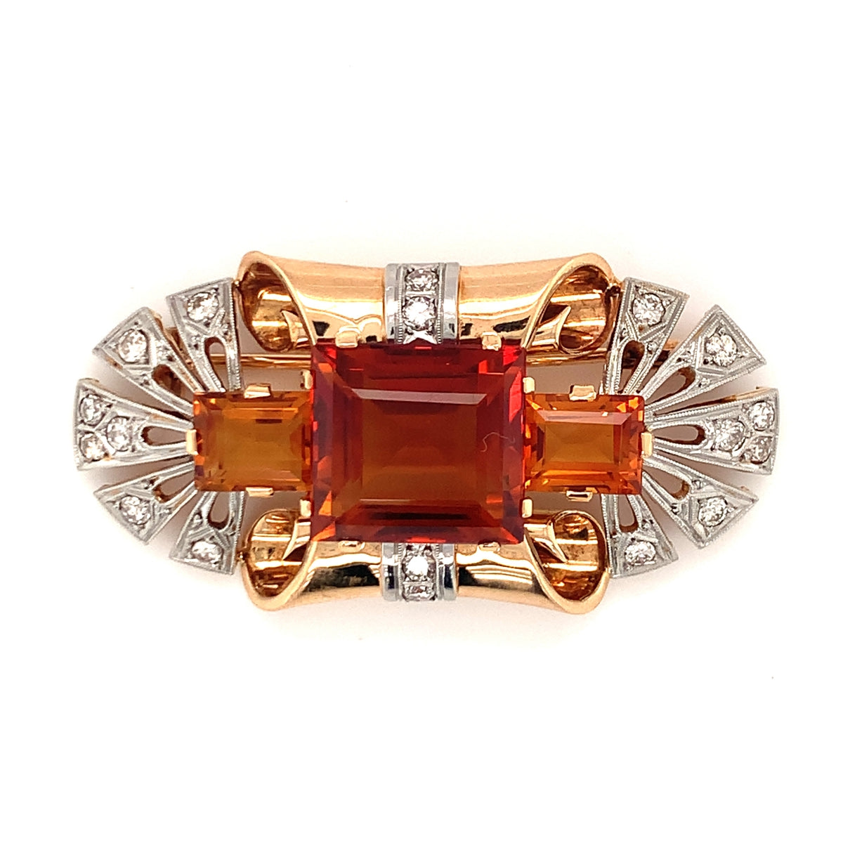Retro Period Citrine and Diamond Brooch in 14K Gold, circa 1940s
